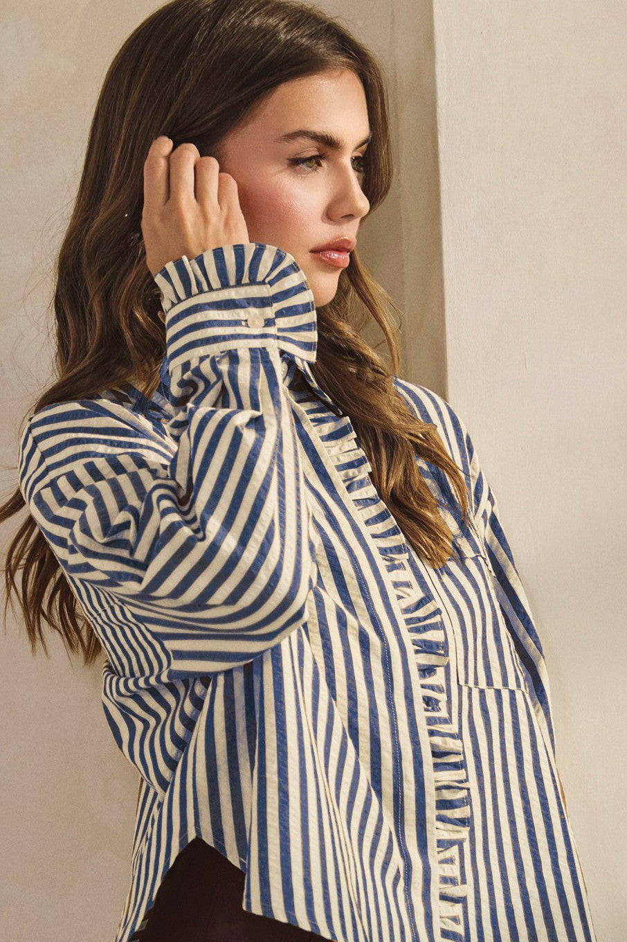 Navy Striped Button Top