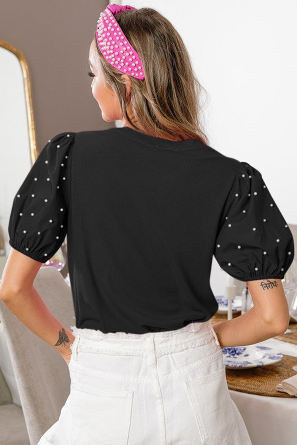 Pearl Beaded Puff Sleeve Shirt