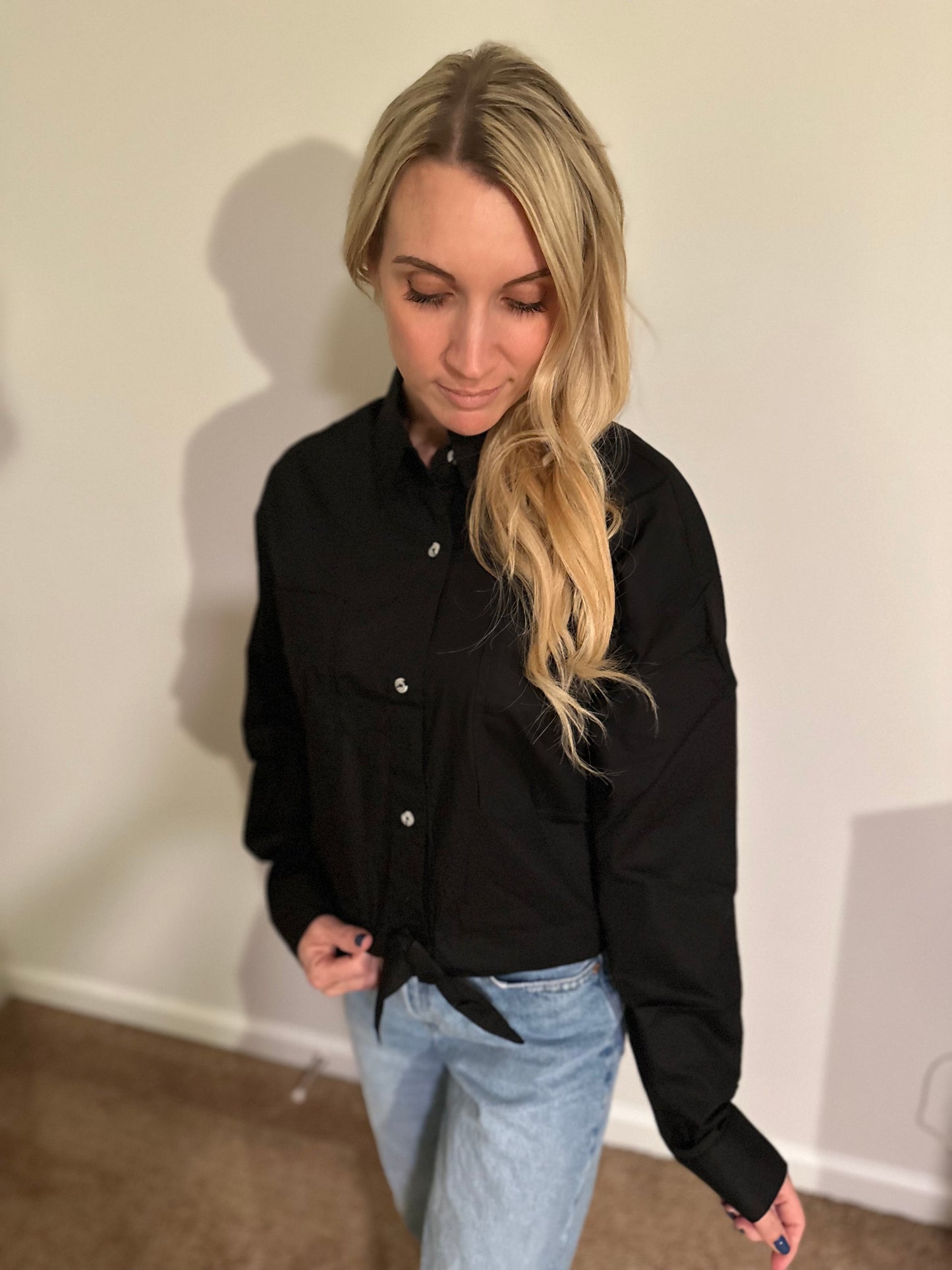 Black Tie-Front Blouse
