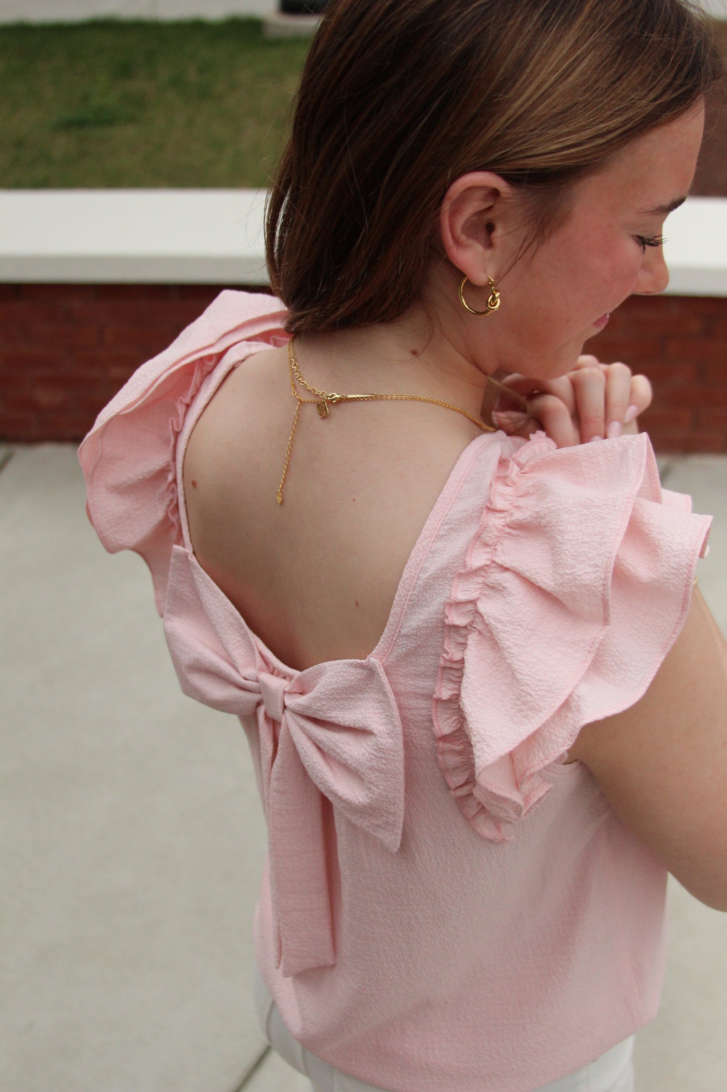 Pink Textured Bow Knot Blouse