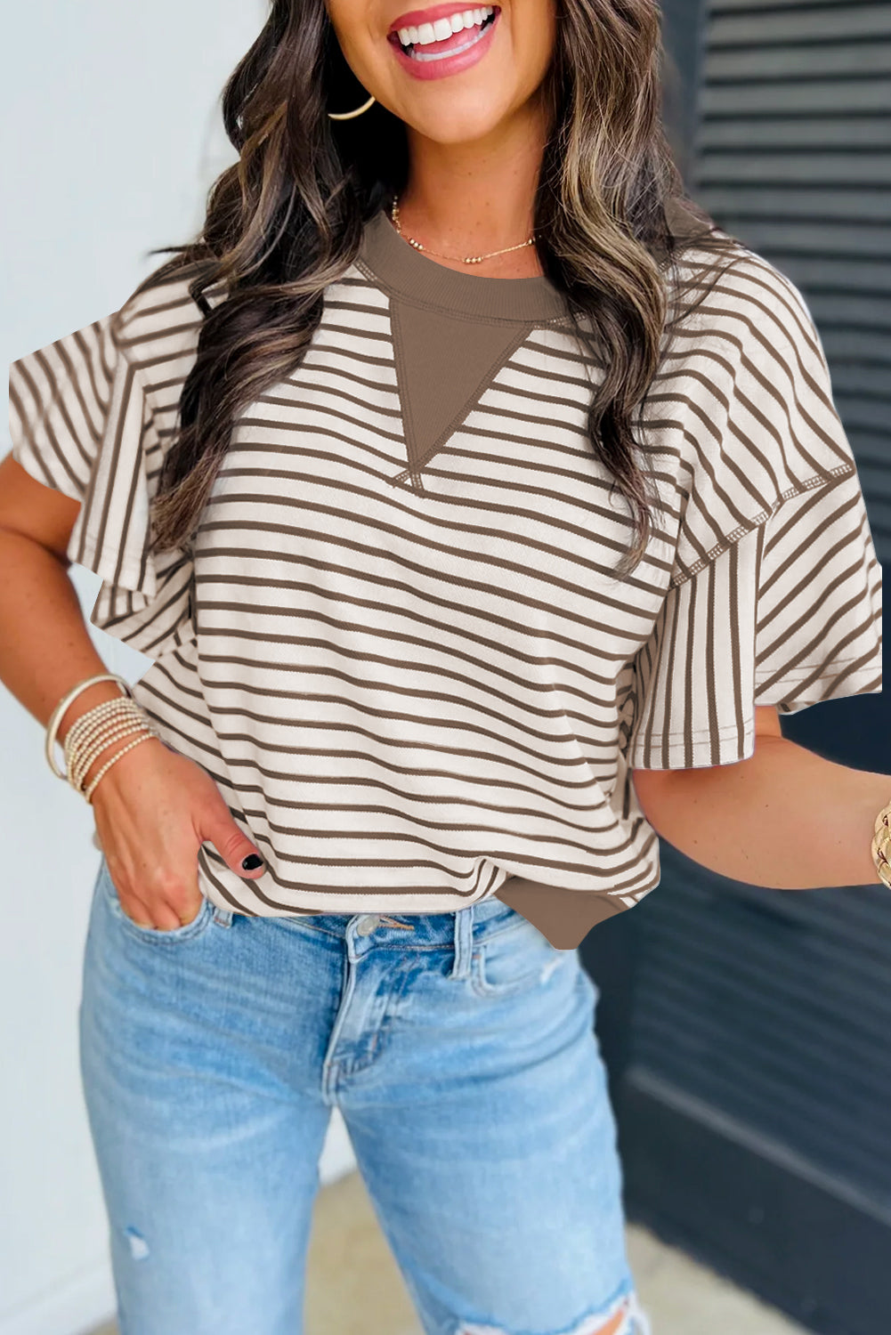 Striped Ruffle Short Sleeve Shirt
