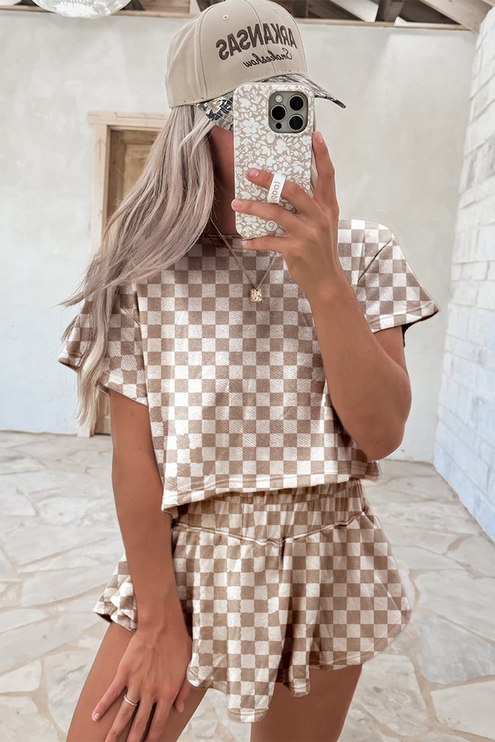 Checkered Cropped Tee, High Waist Skort Set