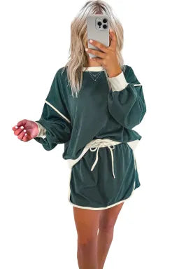 Loose Pullover and Lace-up Waist Skort Set