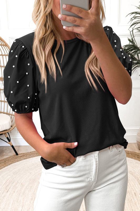 Pearl Beaded Puff Sleeve Shirt