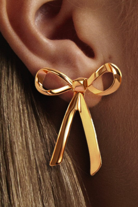 Gold Bow Knot Dangle Earrings with Stud Back