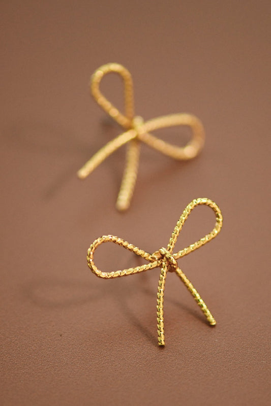 Gold Bow Knot Stud Earrings with Textured Finish