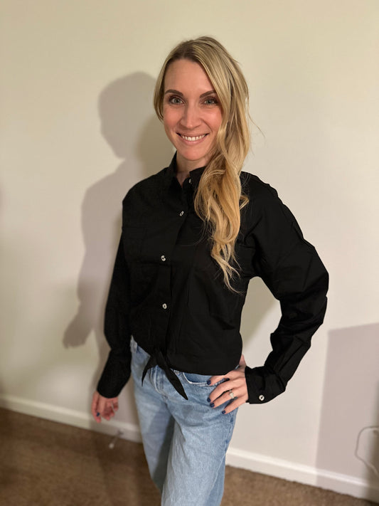Black Tie-Front Blouse