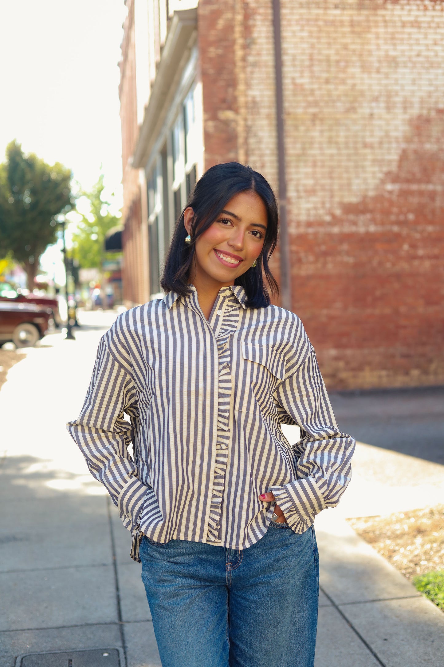 Navy Striped Button Top