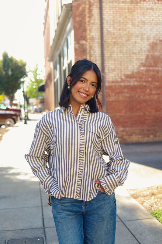 Navy Striped Button Top