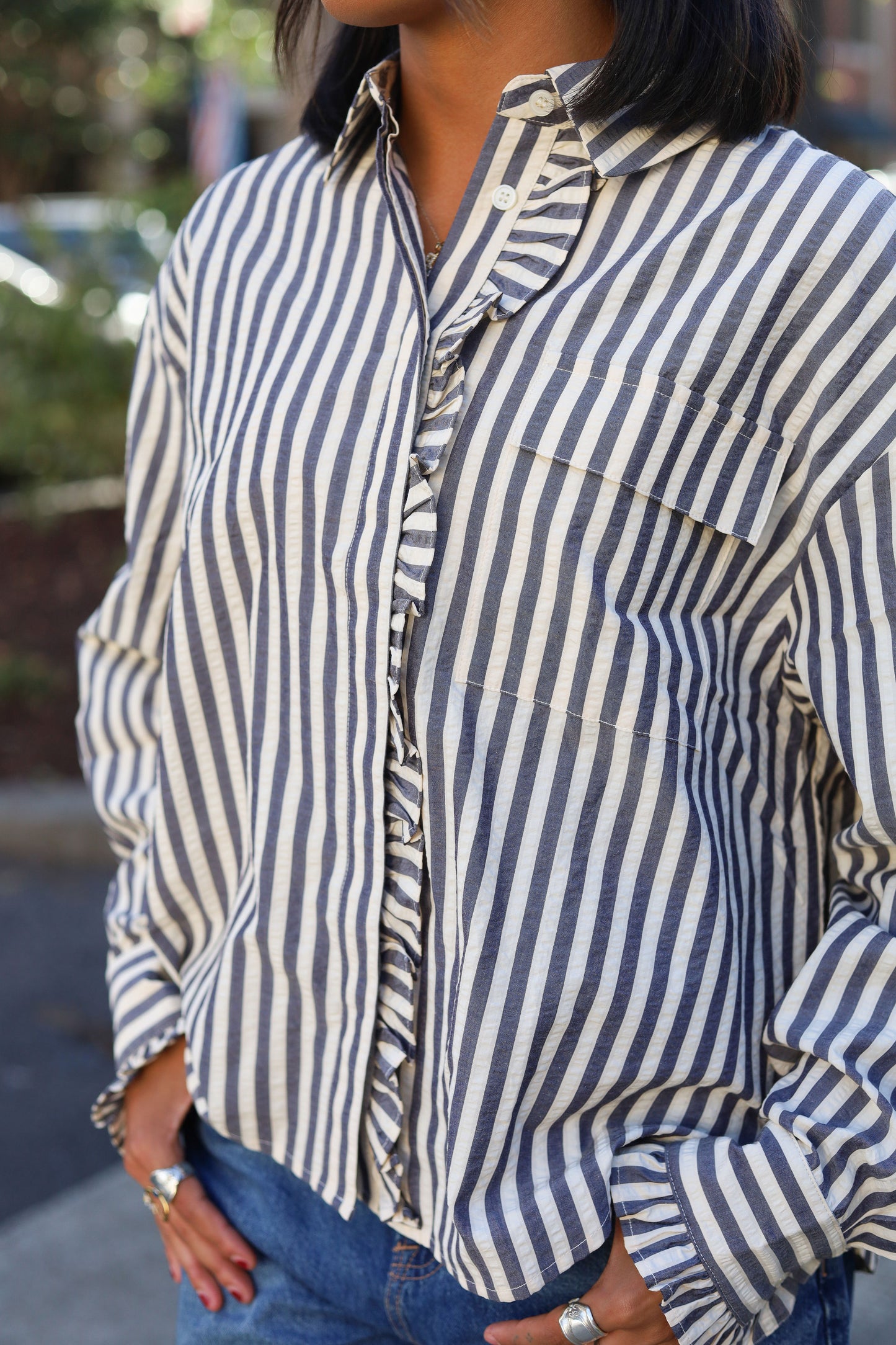 Navy Striped Button Top