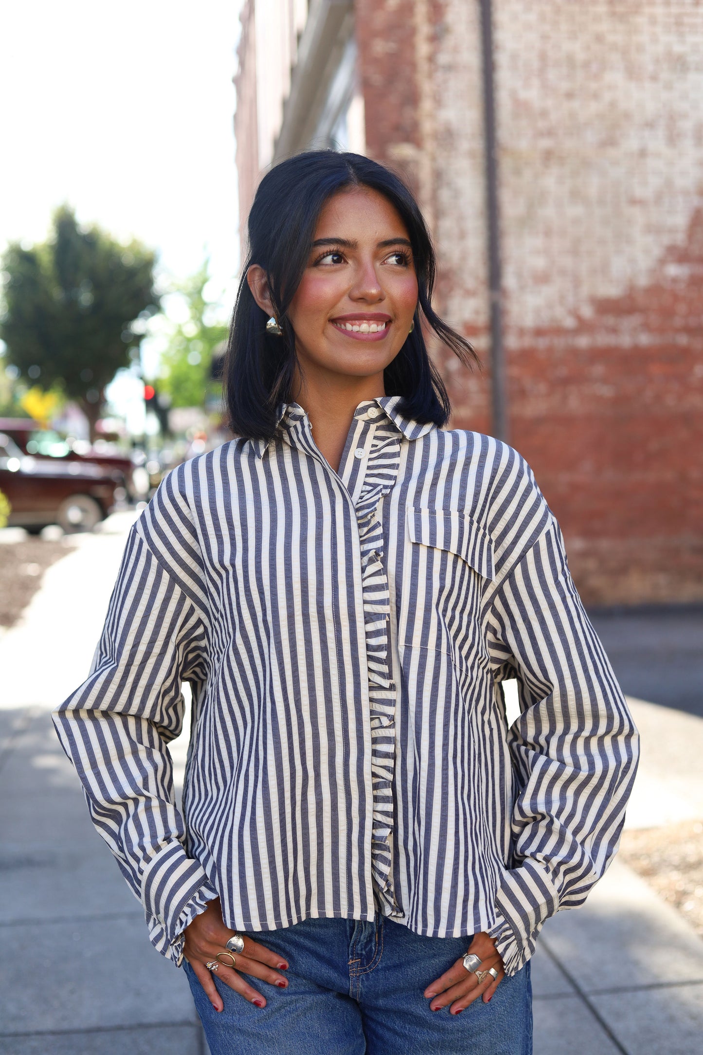 Navy Striped Button Top