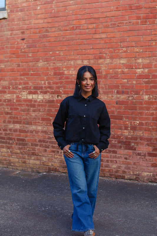 Black Tie-Front Blouse