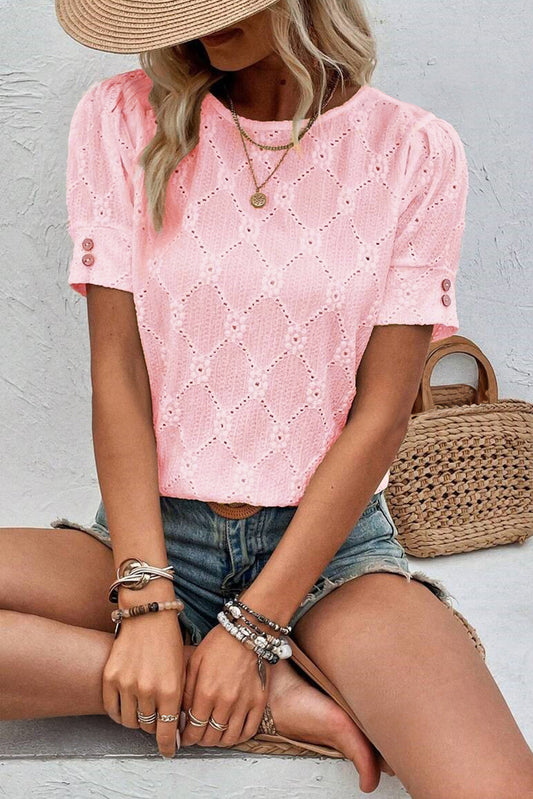 Pink Flower Textured Short Sleeve Top