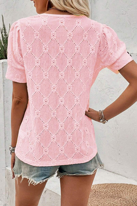 Pink Flower Textured Short Sleeve Top