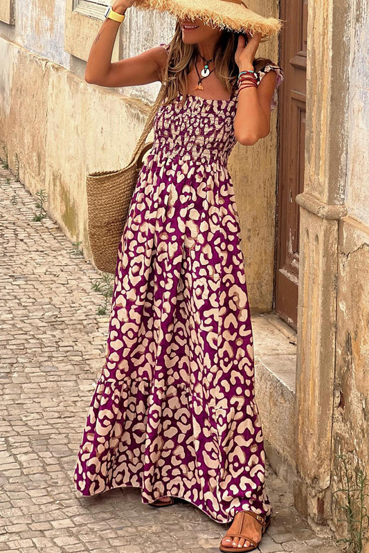 Rose Leopard Smocked Long Dress