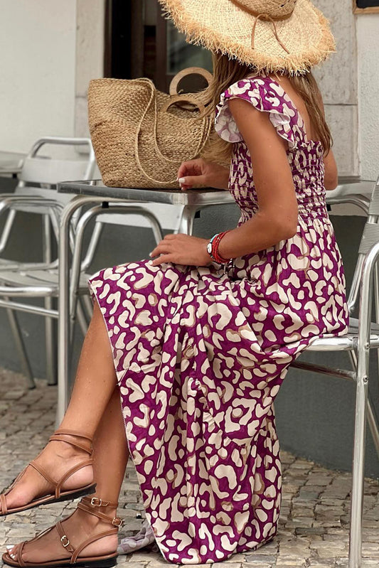 Rose Leopard Smocked Long Dress