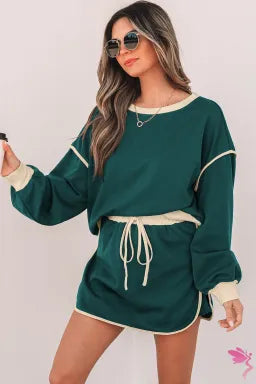 Loose Pullover and Lace-up Waist Skort Set